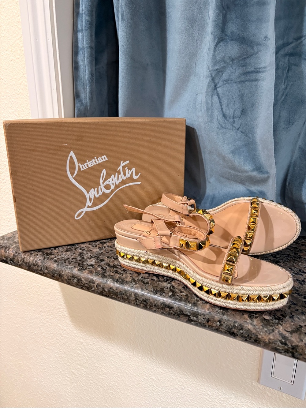 Christian Louboutin Nude Patent Leather Studded Espadrille Sandals